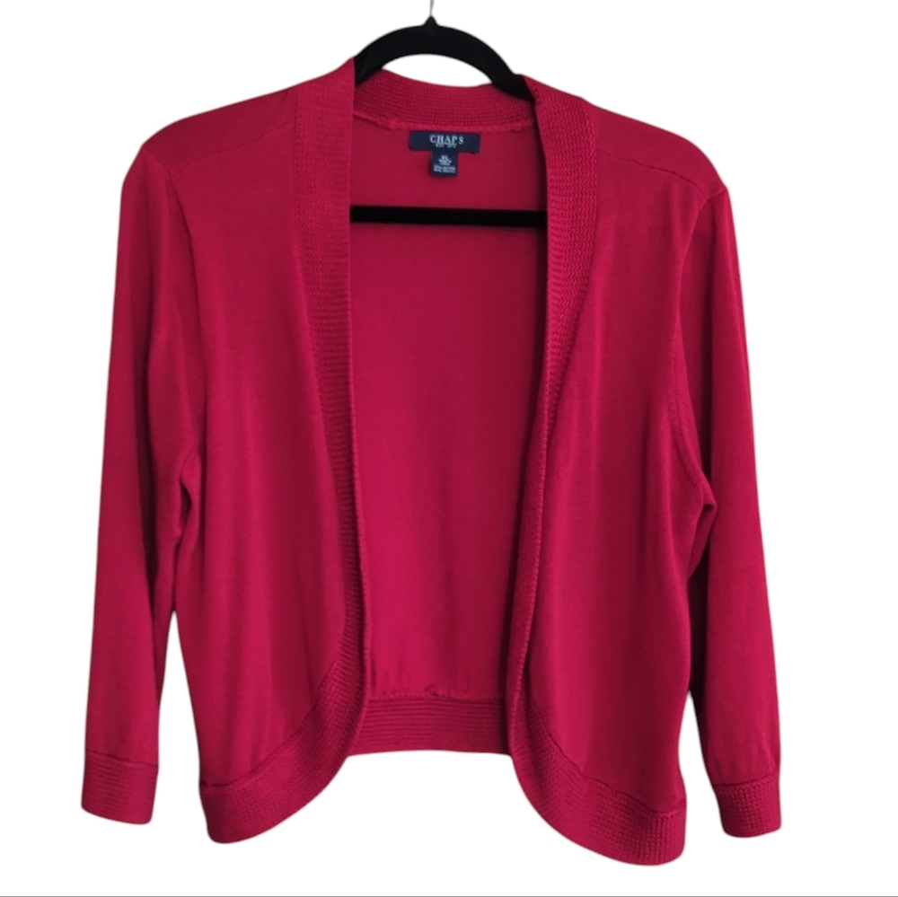Chaps Cropped Open-Front Red Cardigan Sweater